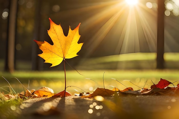 A maple leaf sits in the sun on a sunny day.