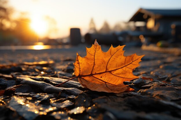 кленовый лист на закате на земле в стиле темно-оранжевого и светло-золотого, созданный ai