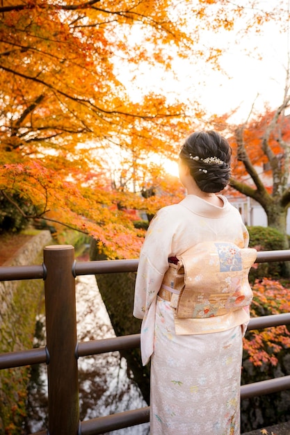 Photo maple leaves turning red in the autumn season in kyoto back view a woman wearing japanese kimono