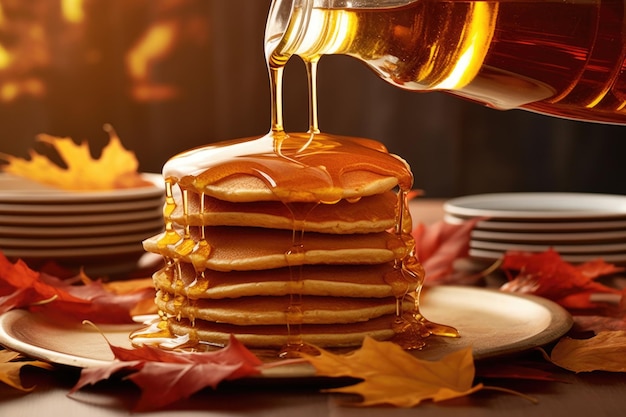 Maple syrup drizzling over a stack of pancakes created with generative ai