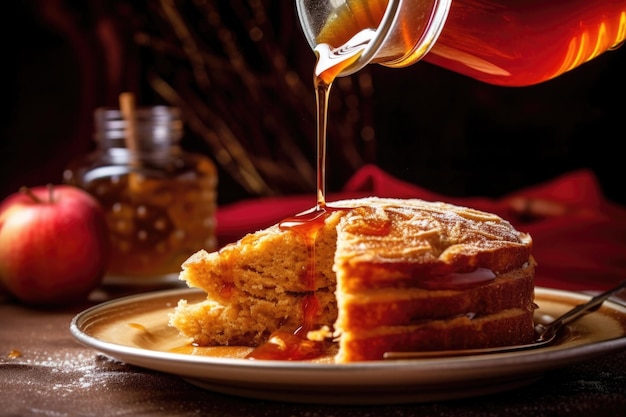 Maple syrup pouring onto a slice of warm apple pie