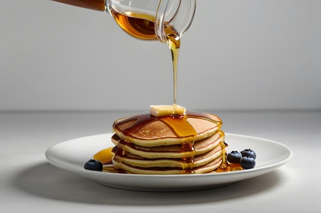 Maple syrup pouring on pancakes in a plate on a white background Maple syrup pancakes