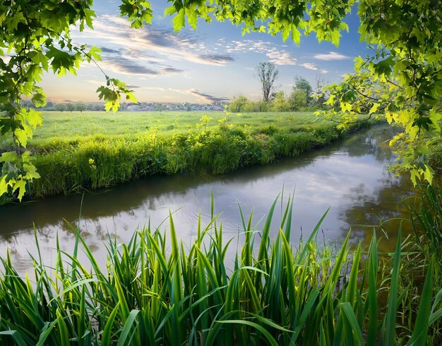 Photo maple tree and reeds on river