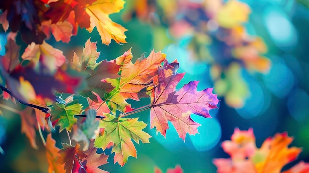 가을을 말하는 보라색과 초록색 잎을 가진 메이플 나무
