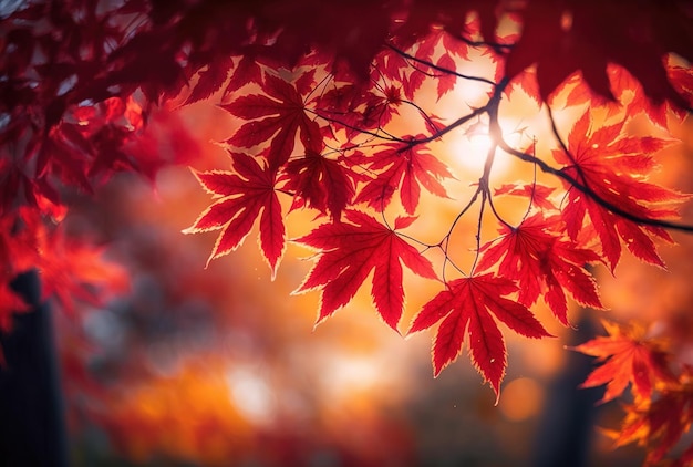 Maple tree with red leaves under the sunlight during the autumn with a blurry background