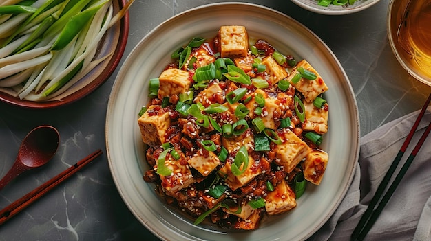 Foto mapo tofu stirfried tofu in hot sauce generatieve ai