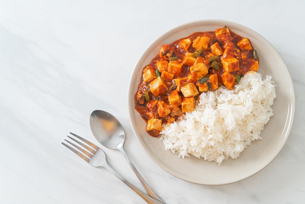 Mapo Tofu - The traditional Sichuan dish of silken tofu and ground beef, packed with mala flavor from chili oil and Sichuan peppercorns - Asian food style