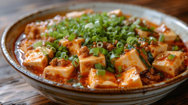 Mapo Tofu Zijde tofu blokjes in een vurige aromatische saus gegarneerd met gehakt varkensvlees en schalijen