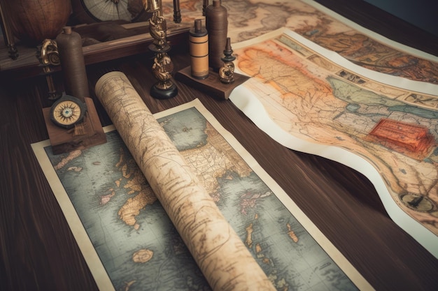 Maps and nautical chart scrolls on a wood table Created with generative AI technology