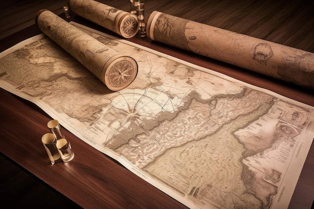 Карты и свитки морских карт на деревянном столе, созданные с помощью генеративной технологии ИИ