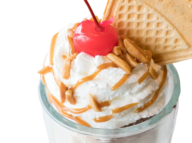 Maraschino cherry on the top ice cream glass.