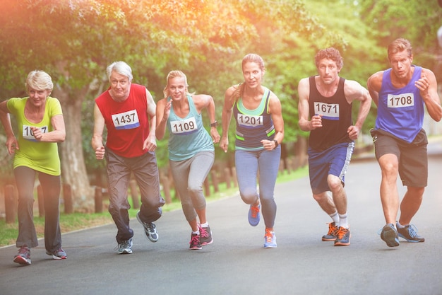 Marathon athletes on starting line in park