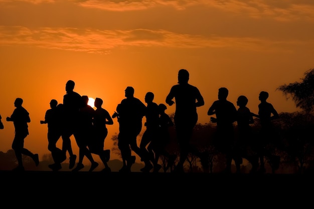 Marathon black silhouettes of runners on the sunrise Neural network generated in May 2023 Not based on any actual person scene or pattern