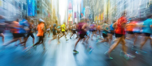 Foto corridori di maratona sfocati nel movimento urbano