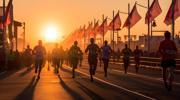 マラソンランナーが日出時にフィニッシュラインを越える