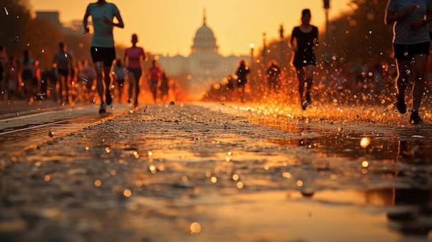 Foto maratona che corre su dettagli stradali cittadini sportivi corridori stile di vita sano e concetti sportivi creato con la tecnologia ai generativa