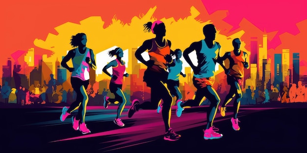 Marathon Running Colorful Illustration Run For Healthy Life Concept Generative Ai