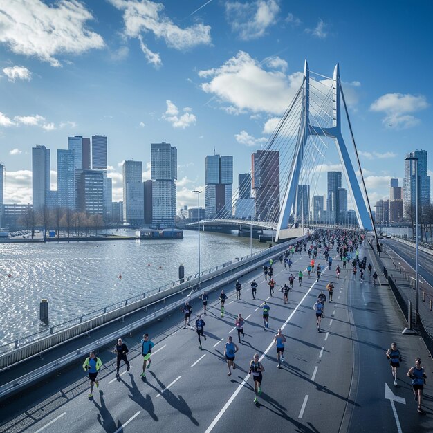 Marathonlopers die de brug oversteken in het stadsbeeld van Rotterdam