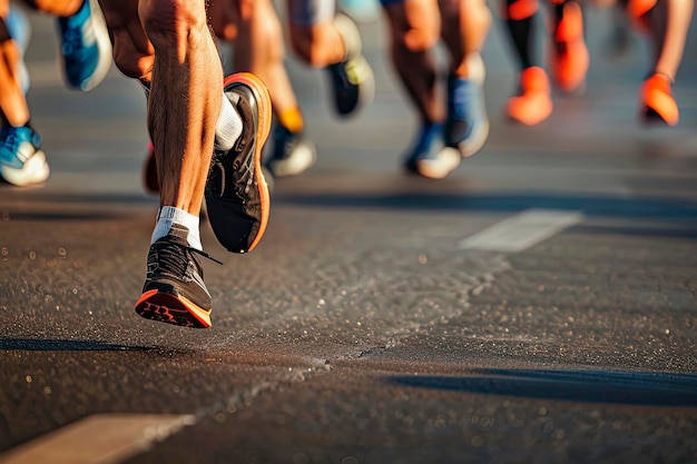 Marathonlopers lopen op een stadsweg grote groep hardlopers close-up