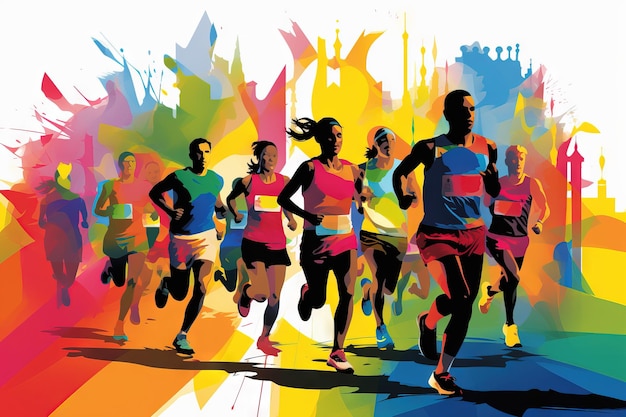 marathonwinnaar finish vectorachtergrond en groep lopers voor poster Generatieve AI