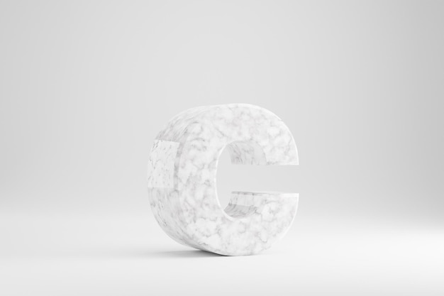 Мраморная 3d строчная буква C. Белое мраморное письмо, изолированные на белом фоне. Глянцевый мраморный каменный алфавит. 3D визуализированный символ шрифта.