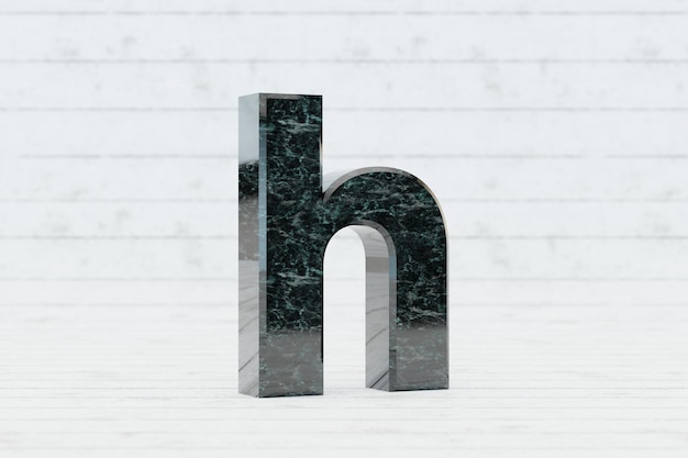 Marble 3d letter H lowercase. Dark green marble letter on white wood background. 3d rendered font character.