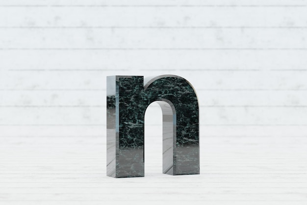 Marble 3d letter N lowercase. Dark green marble letter on white wood background. 3d rendered font character.