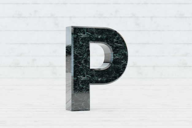 Photo marble 3d letter p uppercase. dark green marble letter on white wood background. 3d rendered font character.