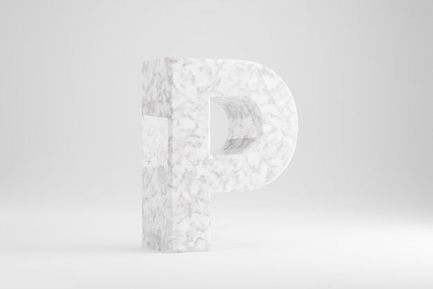 Мраморная 3d буква P в верхнем регистре. Белое мраморное письмо, изолированные на белом фоне. Глянцевый мраморный каменный алфавит. 3D визуализированный символ шрифта.
