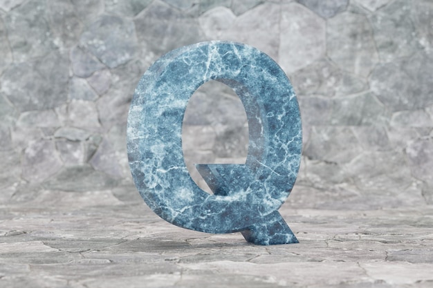 Marble 3d letter Q uppercase. Blue marble letter on stone background. 3d rendered font character.