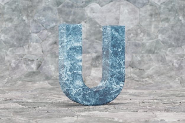 Marble 3d letter U uppercase. Blue marble letter on stone background. 3d rendered font character.