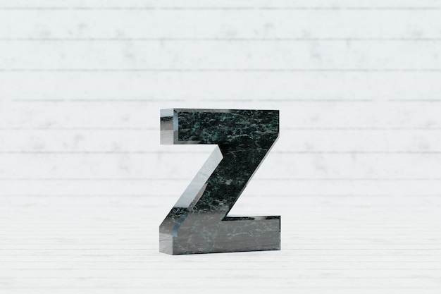 Marble 3d letter Z lowercase. Dark green marble letter on white wood background. 3d rendered font character.