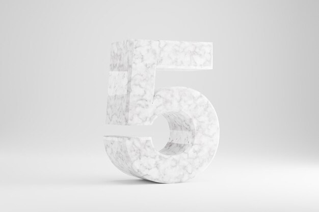 Marble 3d number 5. White marble number isolated on white background. Glossy marble stone alphabet. 3d rendered font character.