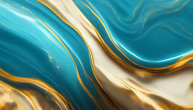 Marble acrylic fluid texture in blue colors wuth golden splashes 3d illustration