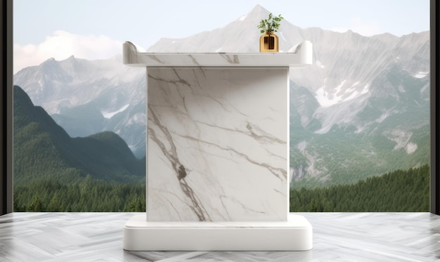 A marble altar with a mountain backdrop in the background.