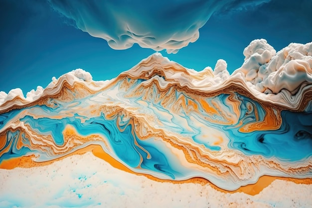 Marble appearance Water and acrylic ink Abstract blue ocean waves over sand with white clouds effect Orange fleck veins in the natural grain pattern of the stone opulent artistic backdrop