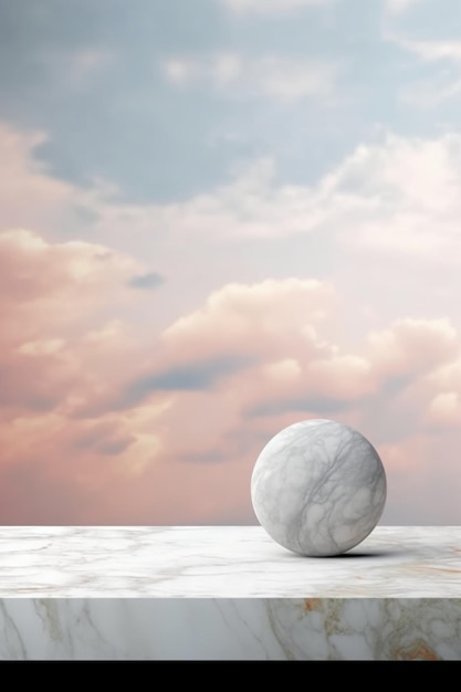 A marble ball sits on a table in front of a cloudy sky.