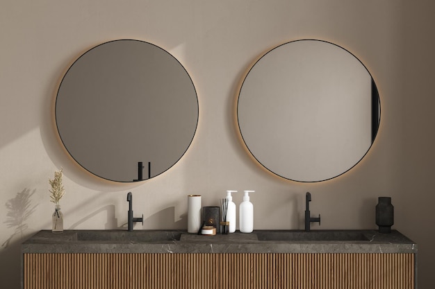 Marble basin standing on a wooden bathroom furniture Double oval mirrors are hanging on a beige wall A close up Front view 3d rendering