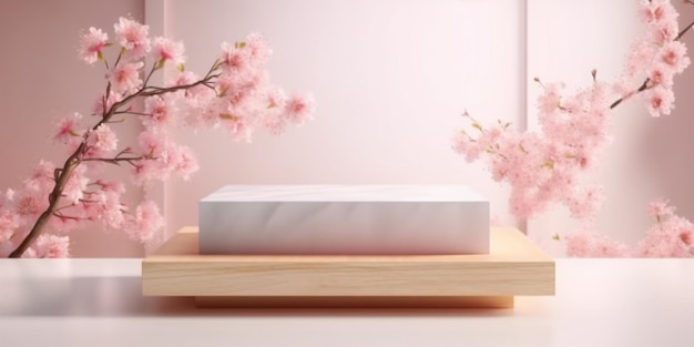 Marble block display podium with wooden base on table surface Pink flower branches in the back Created with Generative AI technology