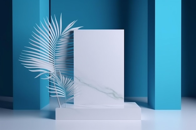 Marble block display stand decorated with plants on light blue interior background created with generative ai technology