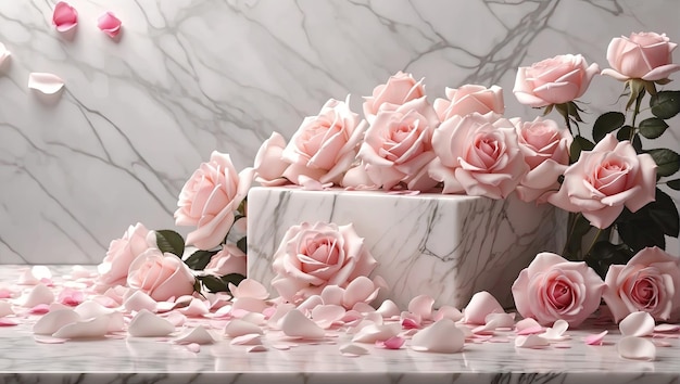 a marble block surrounded by pink roses