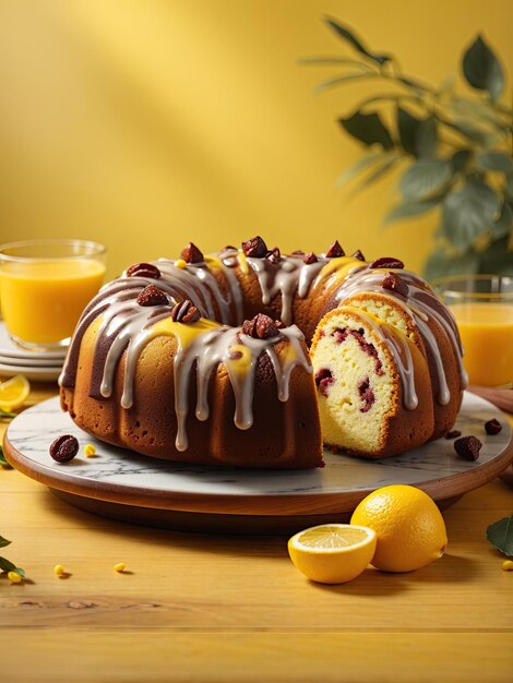 marble bundt cake on wooded table in yellow Generative AI