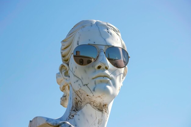 Foto busto in marmo con occhiali da sole da aviatore contro un cielo blu limpido