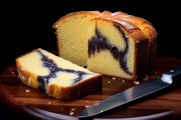 孤立した黒の背景に大理石のケーキの写真
