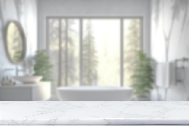 Мраморная столешница на фоне ванной комнаты