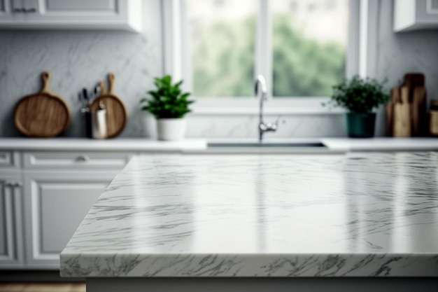 Marble counter tabletop with copy space over blurred modern kitchen background Generative Ai