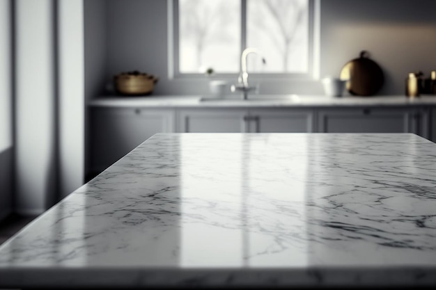 Photo marble counter tabletop with copy space over blurred modern kitchen background generative ai