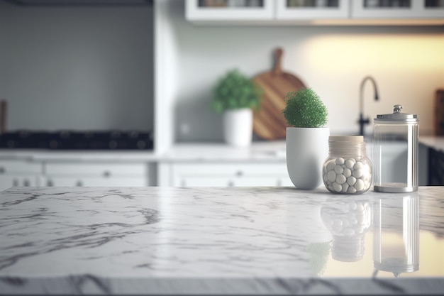 Marble counter tabletop with copy space over blurred modern kitchen background Generative Ai