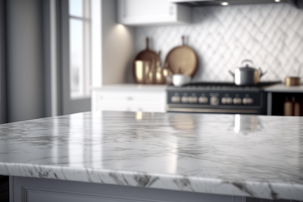 Photo marble counter tabletop with copy space over blurred modern kitchen background generative ai