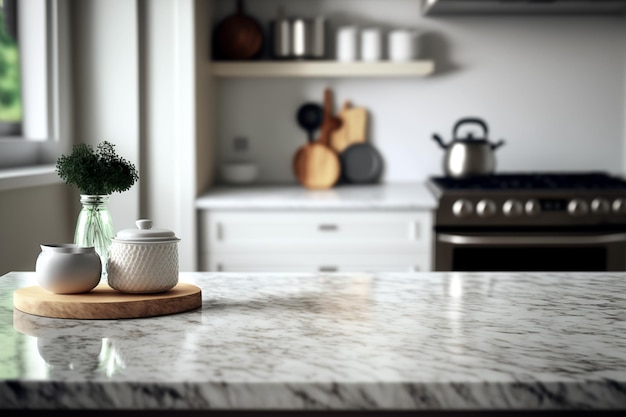 Marble counter tabletop with copy space over blurred modern kitchen background Generative Ai